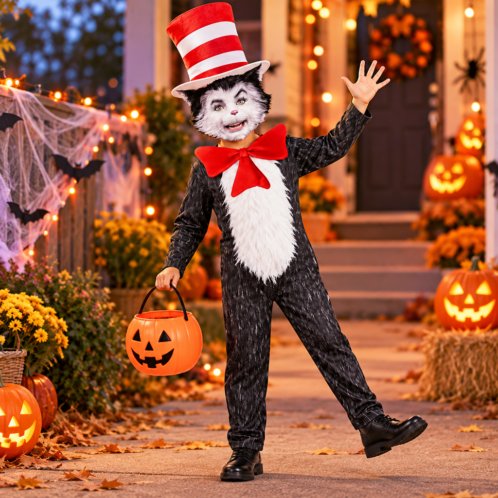 4-Piece Cat Halloween Cosplay Costume for Kids, Scary Cat Jumpsuit Set with Mask, Striped Hat & Bow Tie for Boys & Girls, Ages 11-12