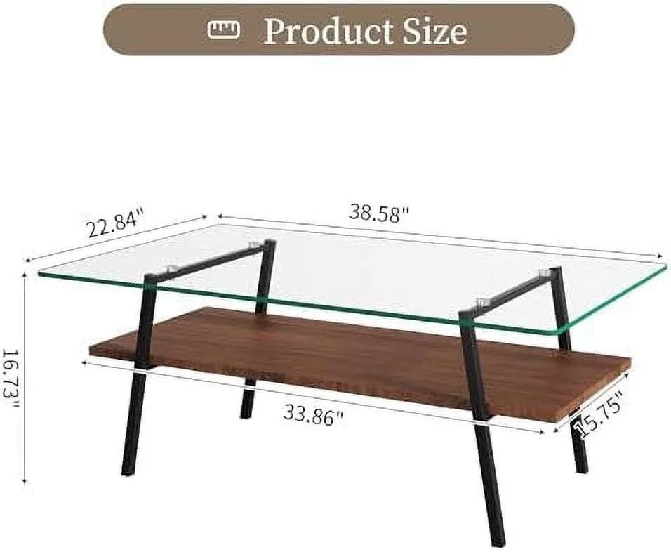 HBBOOMLIFE 2-Tier Rectangular Glass Coffee Table With Tempered Glass Top And Wood Center - Brown Glass/Coffee Brown