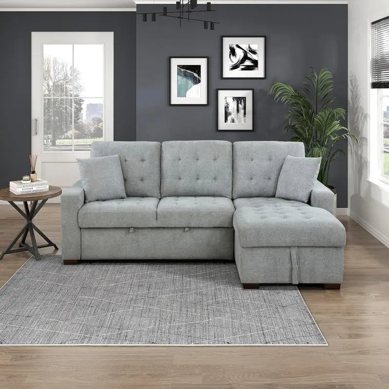 L-Shaped Sleeper Sectional Sofa With Right-Side Storage Chaise And Pull-Out Bed - Gray Fabric