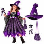 G`irls Purple Themed Dress Set, Kids Halloween Outfit with Witch Hat, Star Wand and Candy Pouch for Party Dress Up
