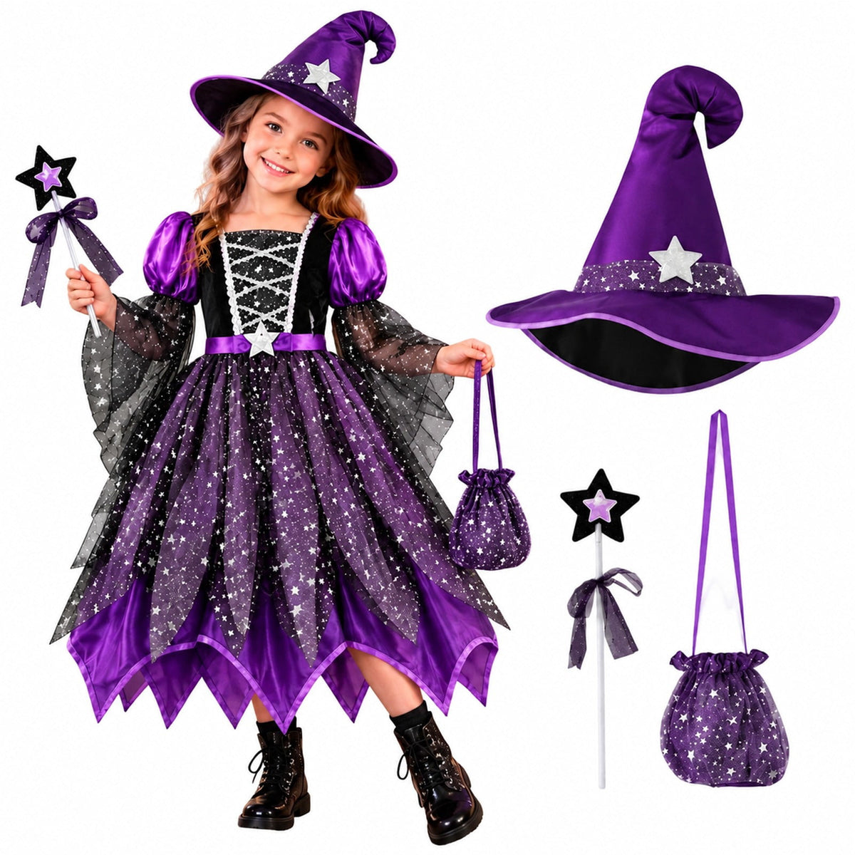 G`irls Purple Themed Dress Set, Kids Halloween Outfit with Witch Hat, Star Wand and Candy Pouch for Party Dress Up