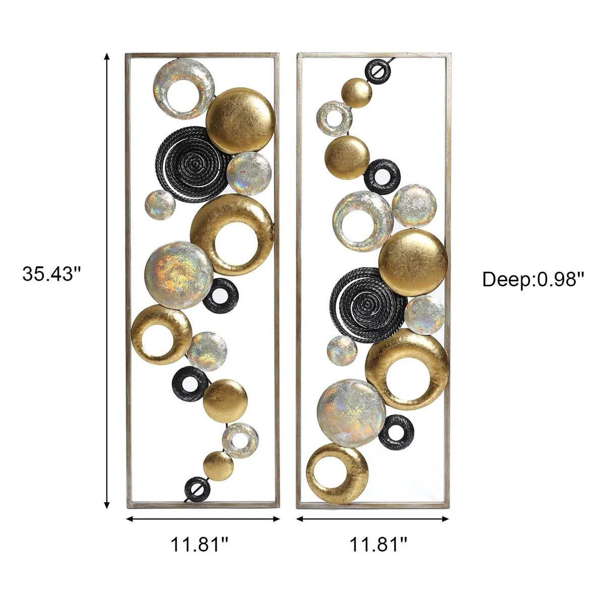 Modern Abstract Metal Wall Decor Panels, Set Of 2, Gold Silver And Black