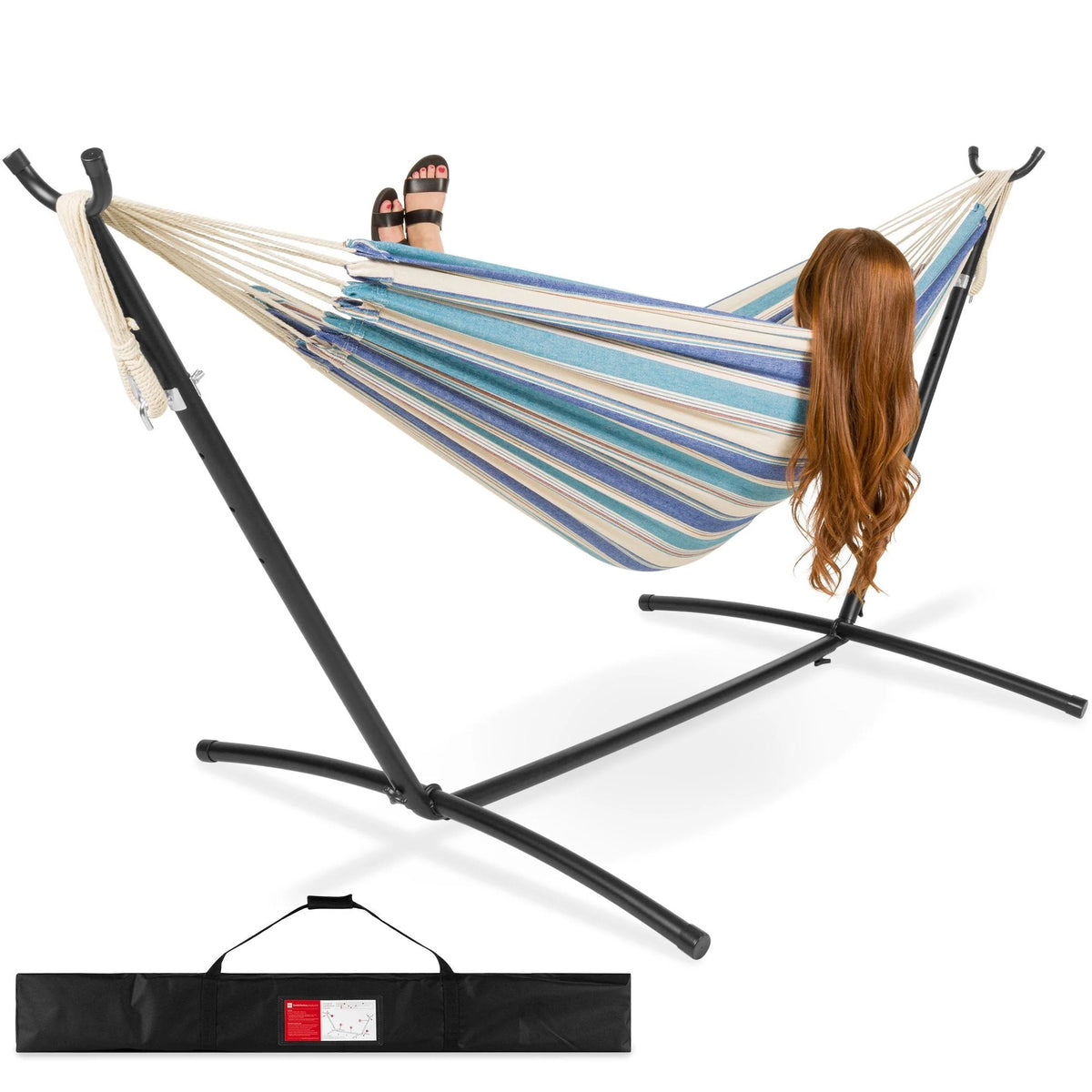 2-Person Brazilian-Style Double Hammock With Carrying Bag And Steel Stand