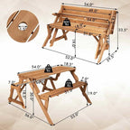 2-in-1 Convertible Fir Wood Picnic Table And Garden Bench, 4-Person, Dark Golden Brown - 56 x 53 x 30 in