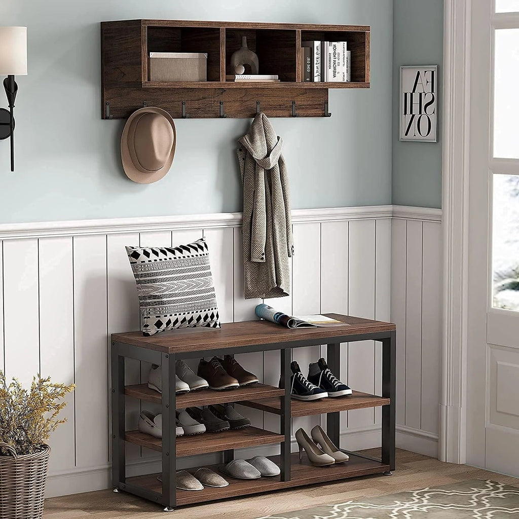 5-in-1 Entryway Hall Tree With Coat Rack, Shoe Bench, 7 Hooks, 3 Cubbies And 3-Tier Shoe Rack