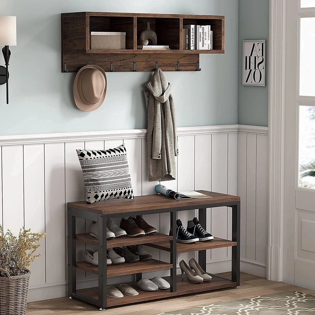 5-in-1 Entryway Hall Tree With Coat Rack, Shoe Bench, 7 Hooks, 3 Cubbies And 3-Tier Shoe Rack