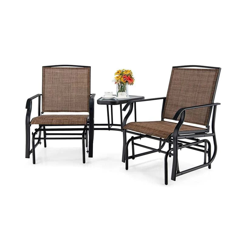 2-Person Double Swing Glider Chair With Glass Table, Steel And Fabric - 77in x 34in x 36in