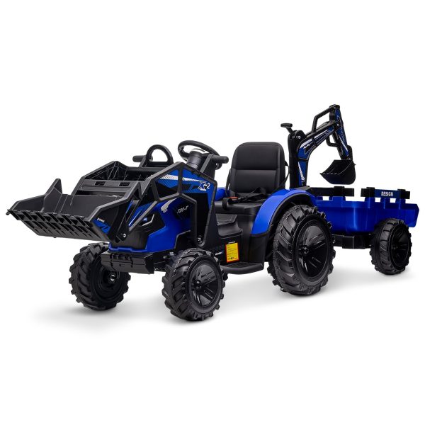 3-in-1 Ride-On Tractor 24V Electric Excavator & Bulldozer With Remote Control, LED, Music, USB/Bluetooth - Bright-Blue