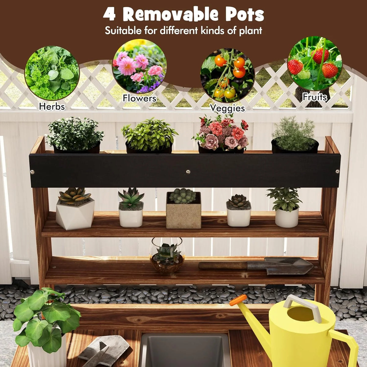 DORTALA Kids Potting Bench Mud Kitchen, Fir Wood, 4 Pots, 28 x 16 x 36 in