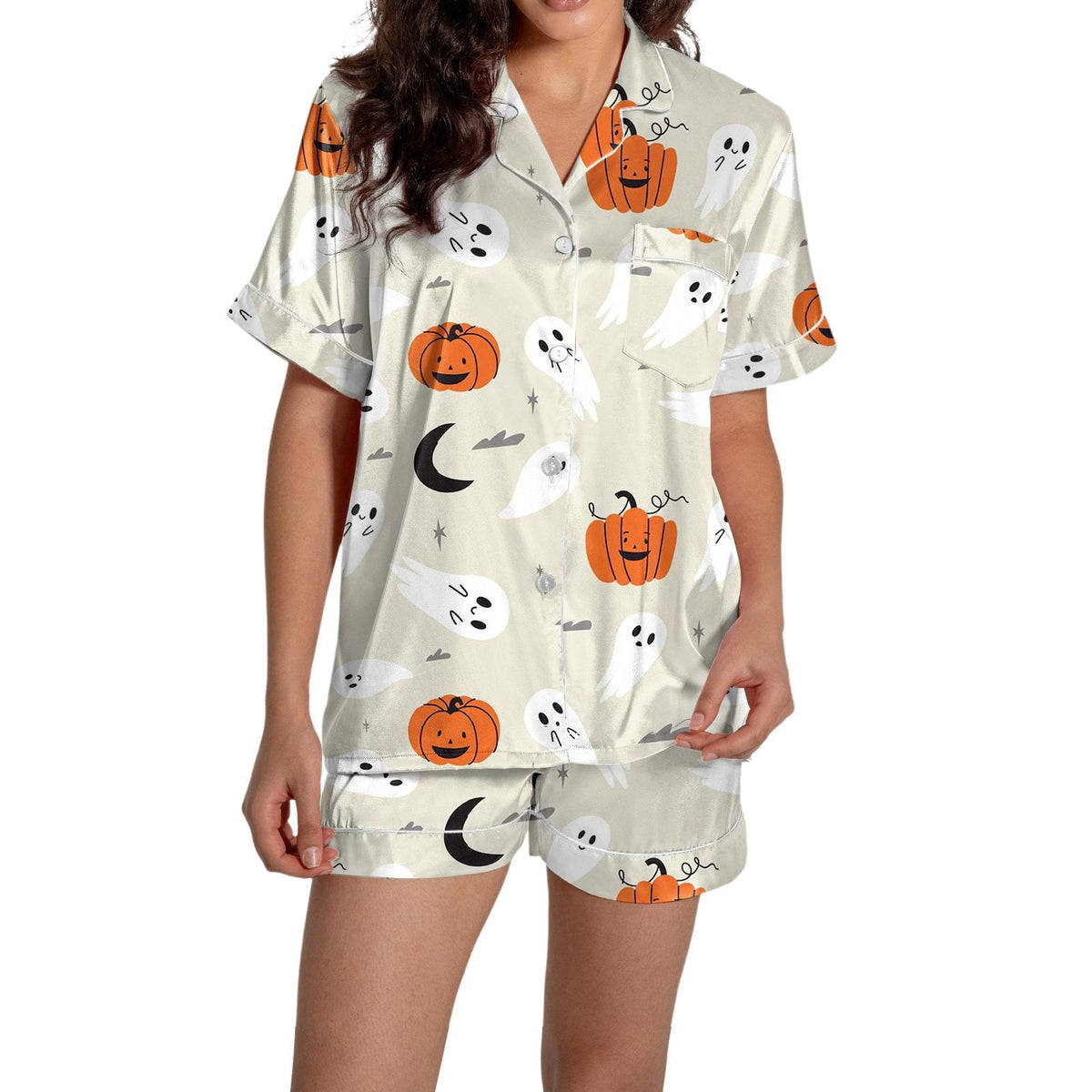 ChenYiFH Halloween Pajama Sets For Women 2 Piece Pumpkin Print Shirts And Pajamas Shorts Button Down Short Sleeve Sleepwear Black S