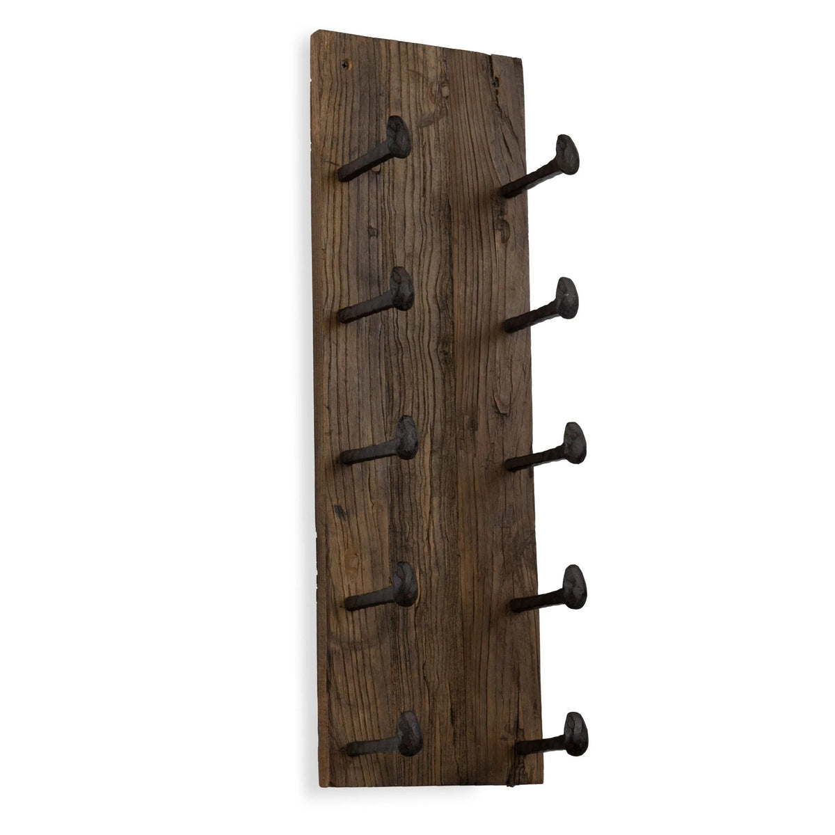 5 Bottle Wood Wall-Mounted Wine Rack, Walnut, 24in W - 10 Cast Iron Hooks