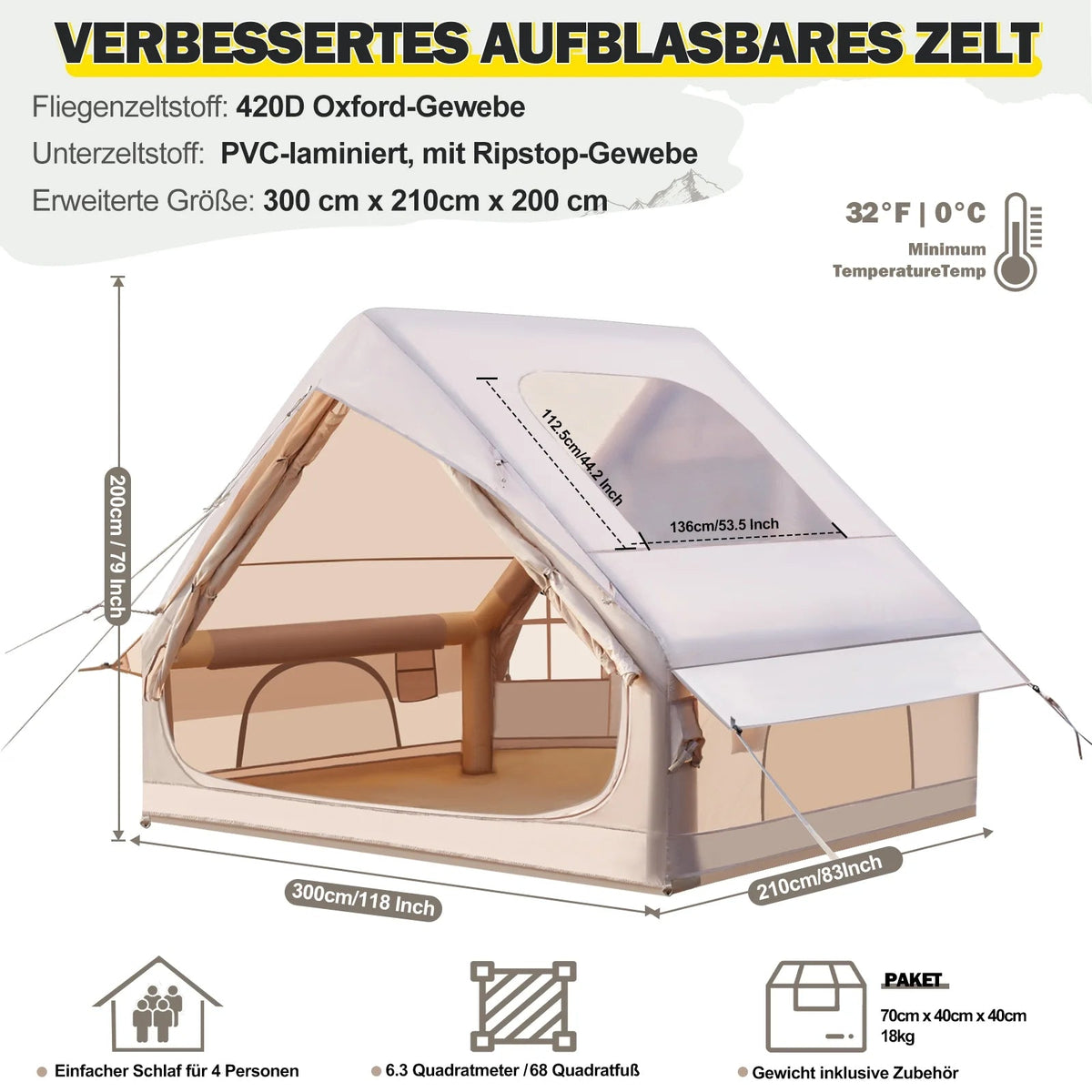 Gaonala Inflatable Camping Tent For 4-6 People, 420D Oxford Fabric - With Hand Pump