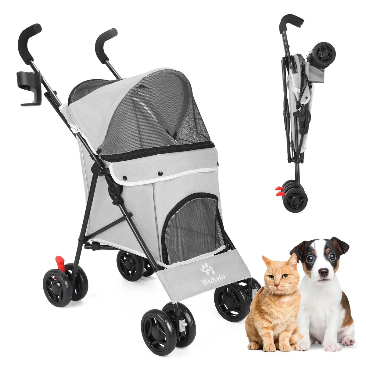4-Wheel Foldable Cat And Dog Stroller With Storage Basket And 360 Degree Front Wheels - Gray
