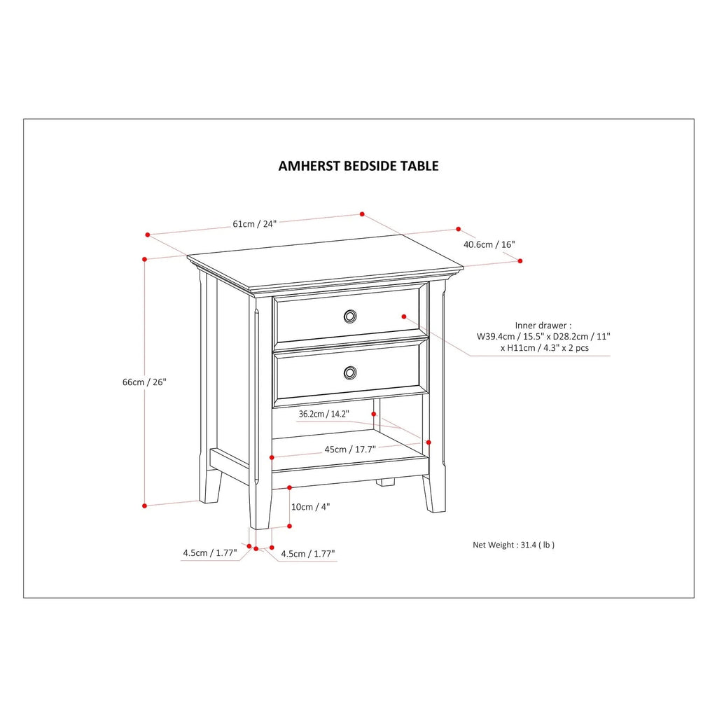 Solid Wood Nightstand With 2 Drawers And Open Shelf, 16 in D x 24 in W x 26 in H