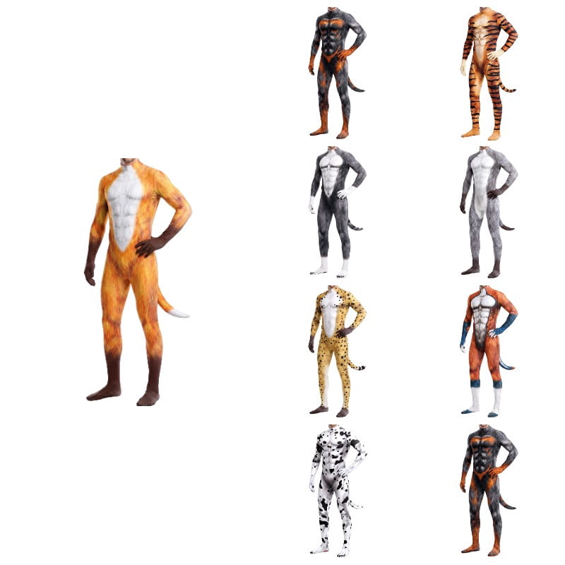 Krdevn Men 3D Animal Cosplay Bodysuit, Full‑Body Stretch Jumpsuit Costume with Tail for Halloween