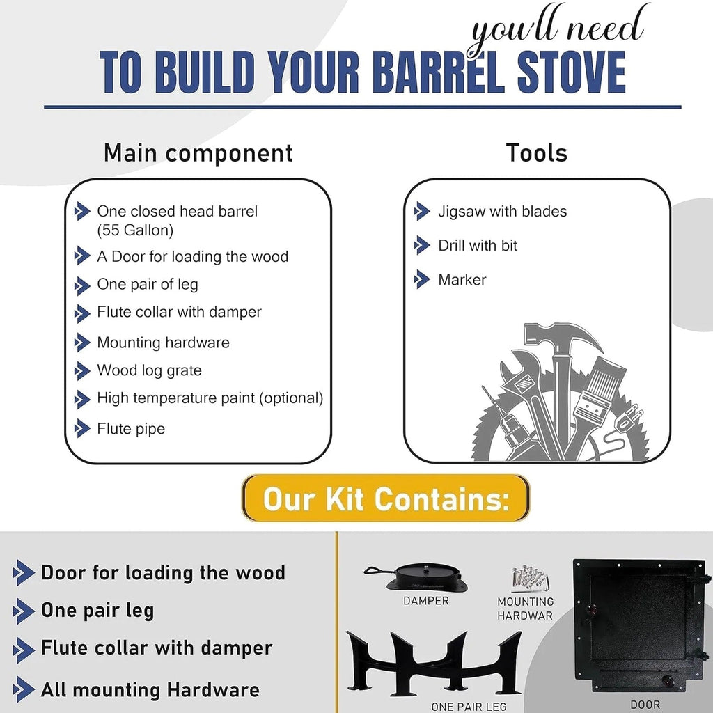 Sonret Barrel Wood Stove Kit for 30-55 Gallon Drums - Kit C