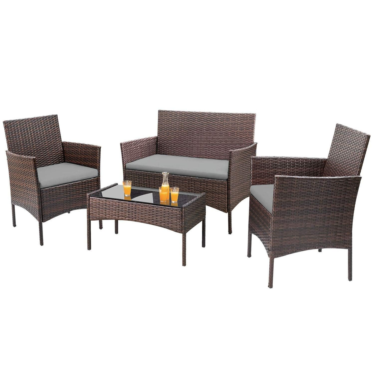 4-Piece Outdoor Patio Furniture Set With Rattan Wicker Chairs, Loveseat And Glass-Top Table