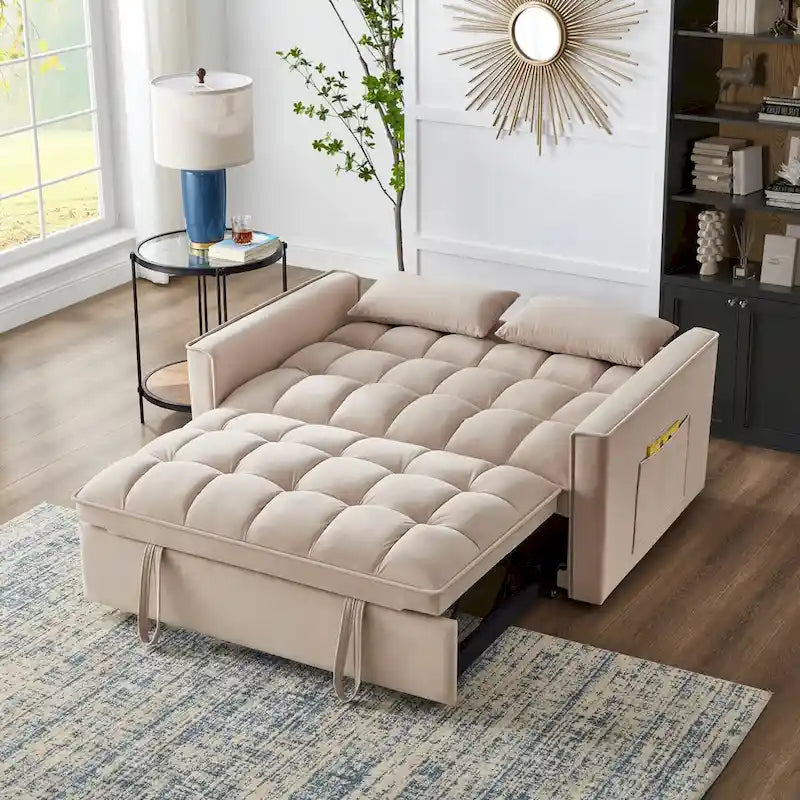 4-in-1 Velvet Pull-Out Sleeper Sofa Bed Loveseat With Reclining Backrest And 2 Side Pockets
