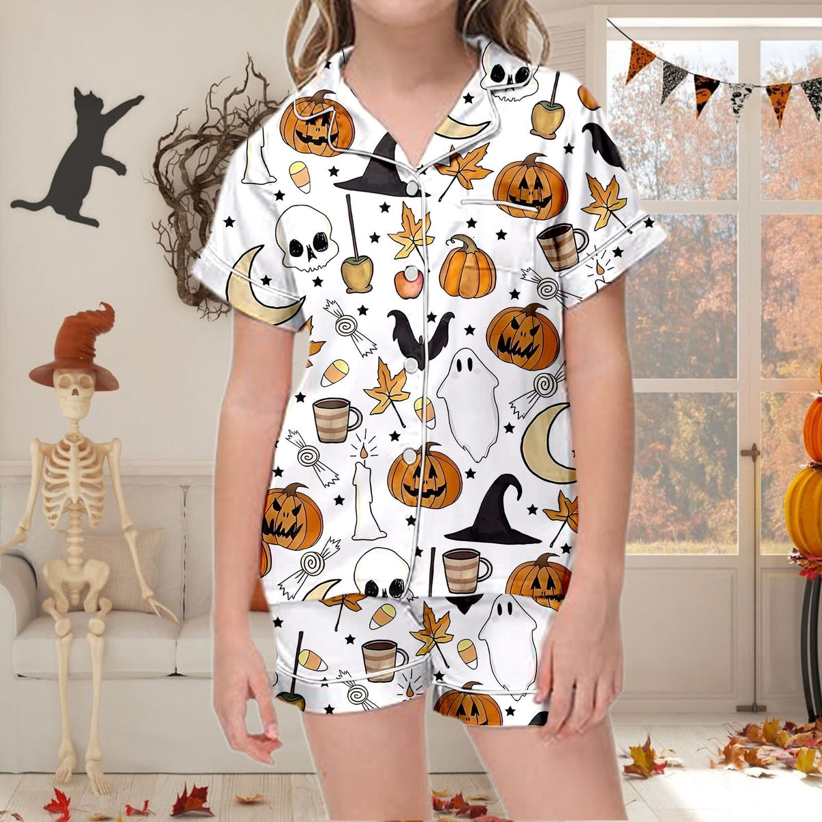 CUZIBR Girls Halloween Pajamas Sets Soft Comfortable Ghost Pumpkin Lapel Button Short Sleeve Shirt Elastic Waist Shorts 2 Pieces Sleep Loungewear Relaxed Sleepwear Outfits, Orange-C