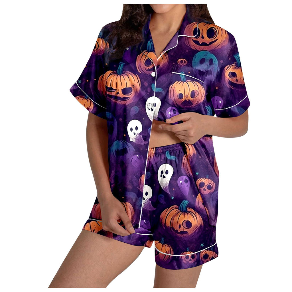 MEZZALL Women Halloween Printed Pajama With Lapel Collar Short Sleeve Tops And Shorts For Home Wear Cozy For Lightweight And Breathable Comfort Relaxed Fit 2 Piece Pjs