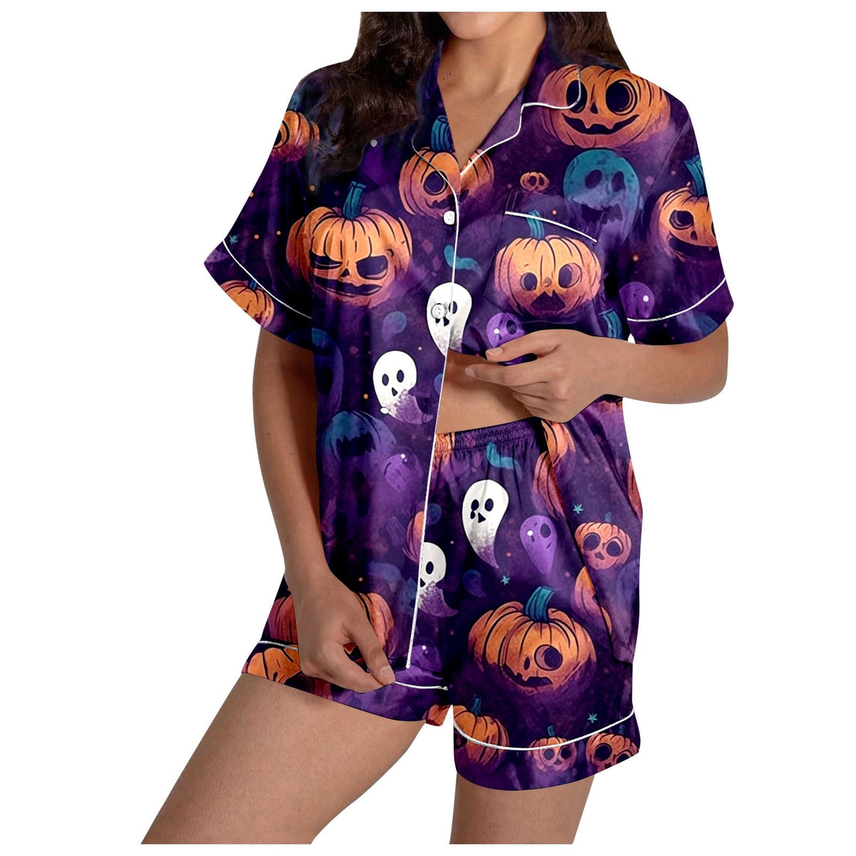 MEZZALL Women Halloween Printed Pajama With Lapel Collar Short Sleeve Tops And Shorts For Home Wear Cozy For Lightweight And Breathable Comfort Relaxed Fit 2 Piece Pjs