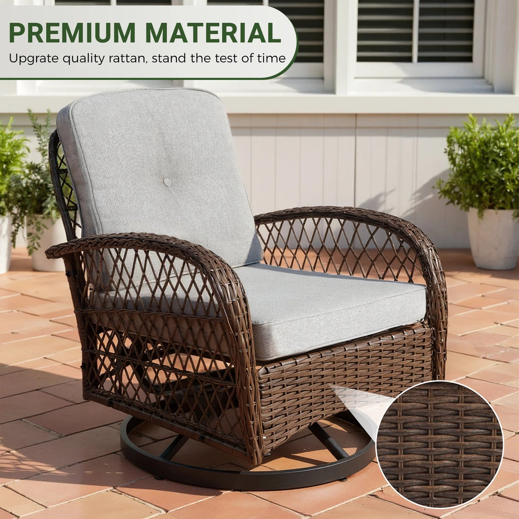 3-Piece Patio Swivel Rocking Chair Set With Glass Top Table - 2 Chairs