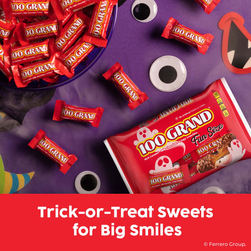 100 Grand Fun Size Halloween Chocolate Candy Bars, Halloween Candy Bulk, Crispy Crunchies and Milk Chocolate with Rich Caramel, 10 oz