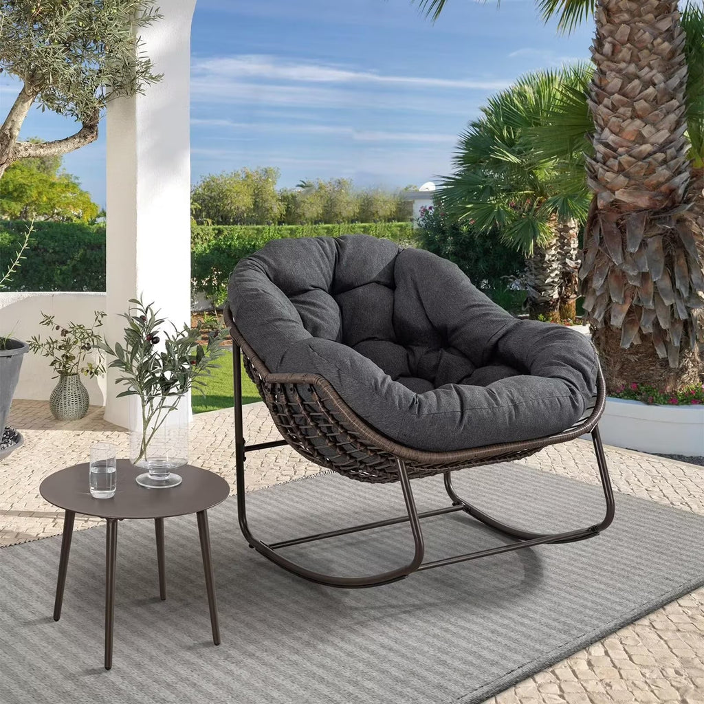 Outdoor Papasan Rocking Chair With Thick Cushion, Grey - 43.70in D x 37.20in W x 31.50in H