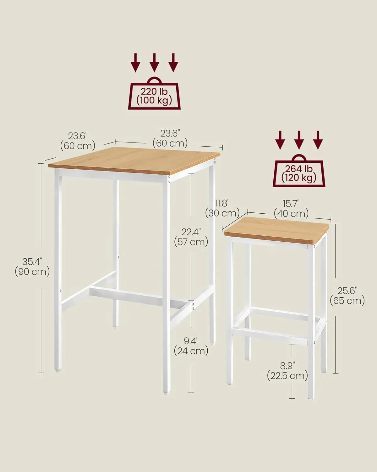 Square Bar Table And 2 Bar Stools Set, Golden Oak And Cloud White