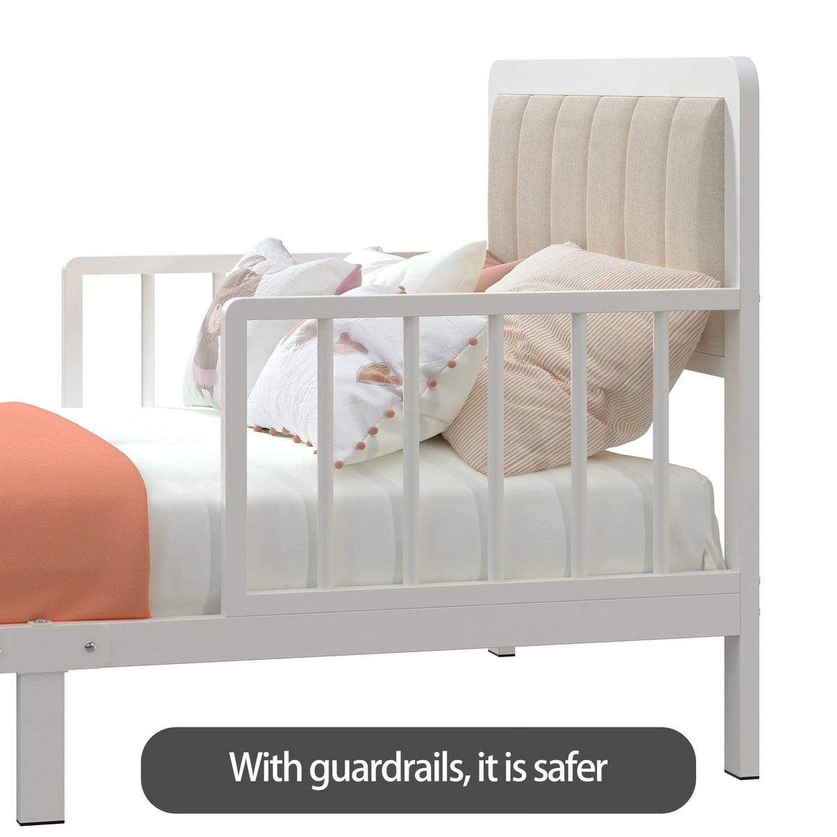 Yoneston Toddler Metal Platform Bed Frame With Guardrails And Upholstered Headboard - White