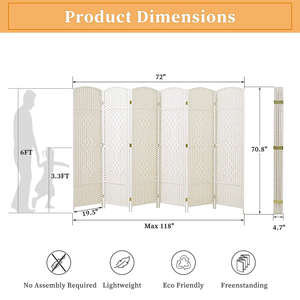Freestanding Folding Woven Fiber Room Divider Privacy Screen - 6 Ft Tall