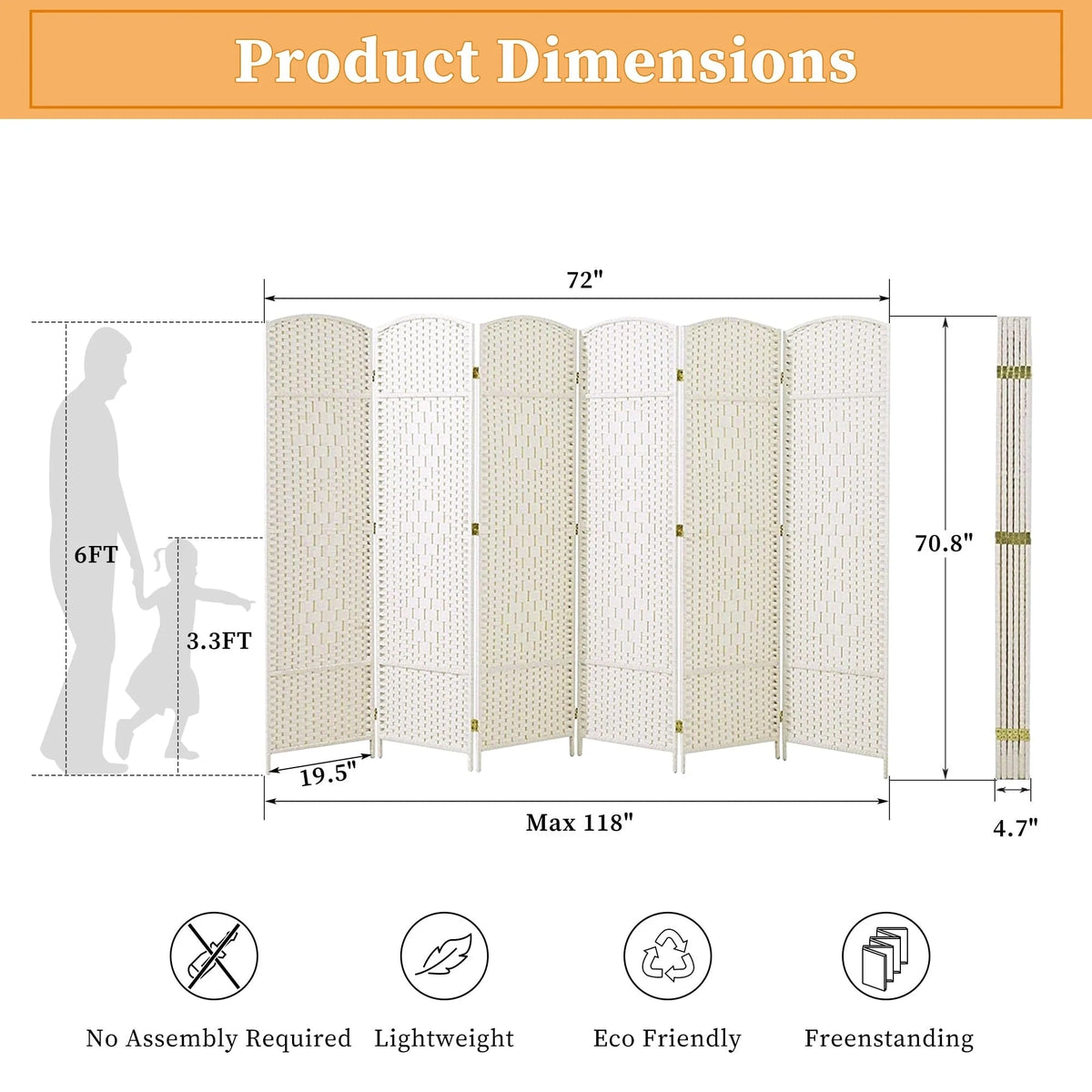 Freestanding Folding Woven Fiber Room Divider Privacy Screen - 6 Ft Tall