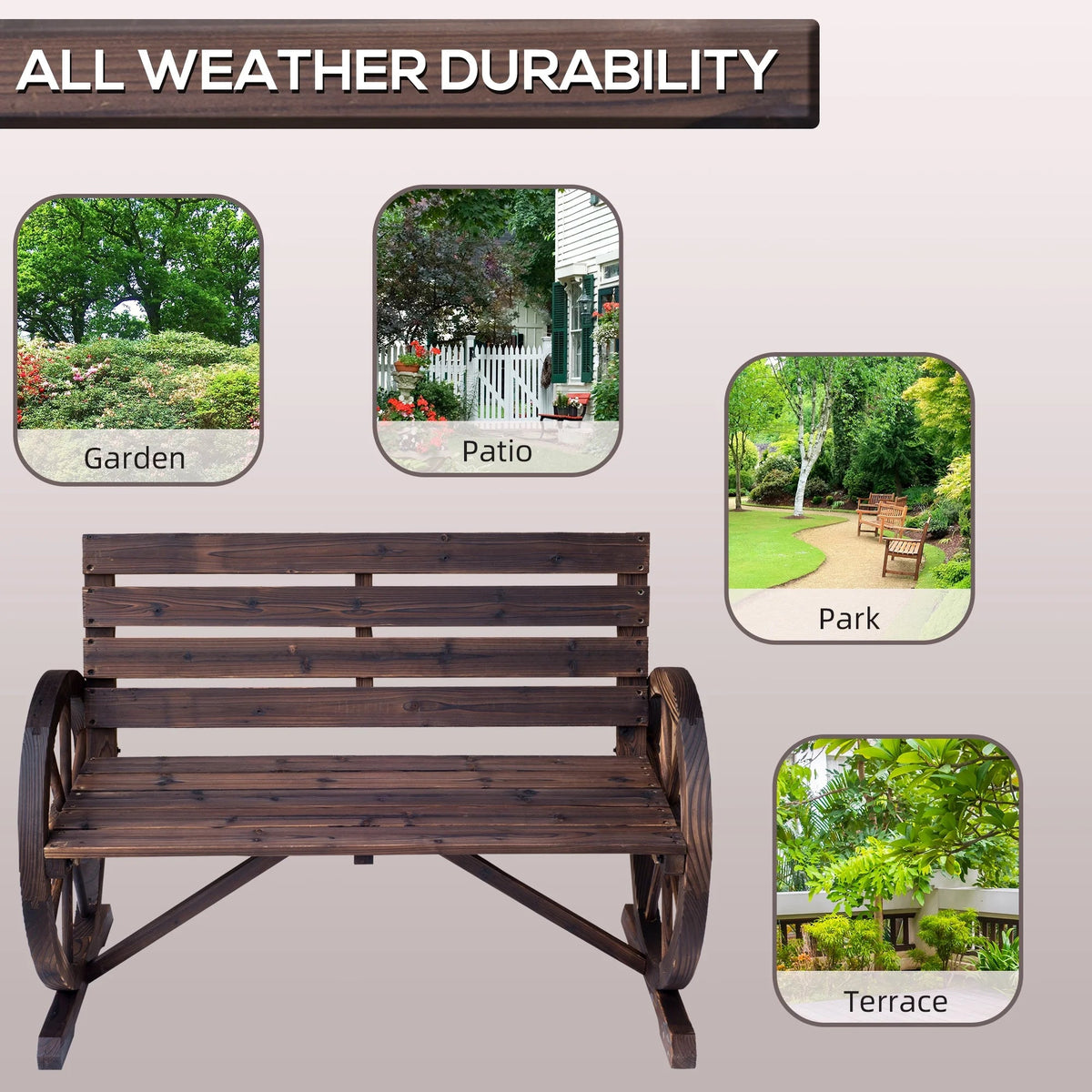 Outsunny Wooden Wagon Wheel Bench, 2-Person, Fir Wood, Carbonized, 41.5in L x 23.25in W x 29.5in H - 84B-183
