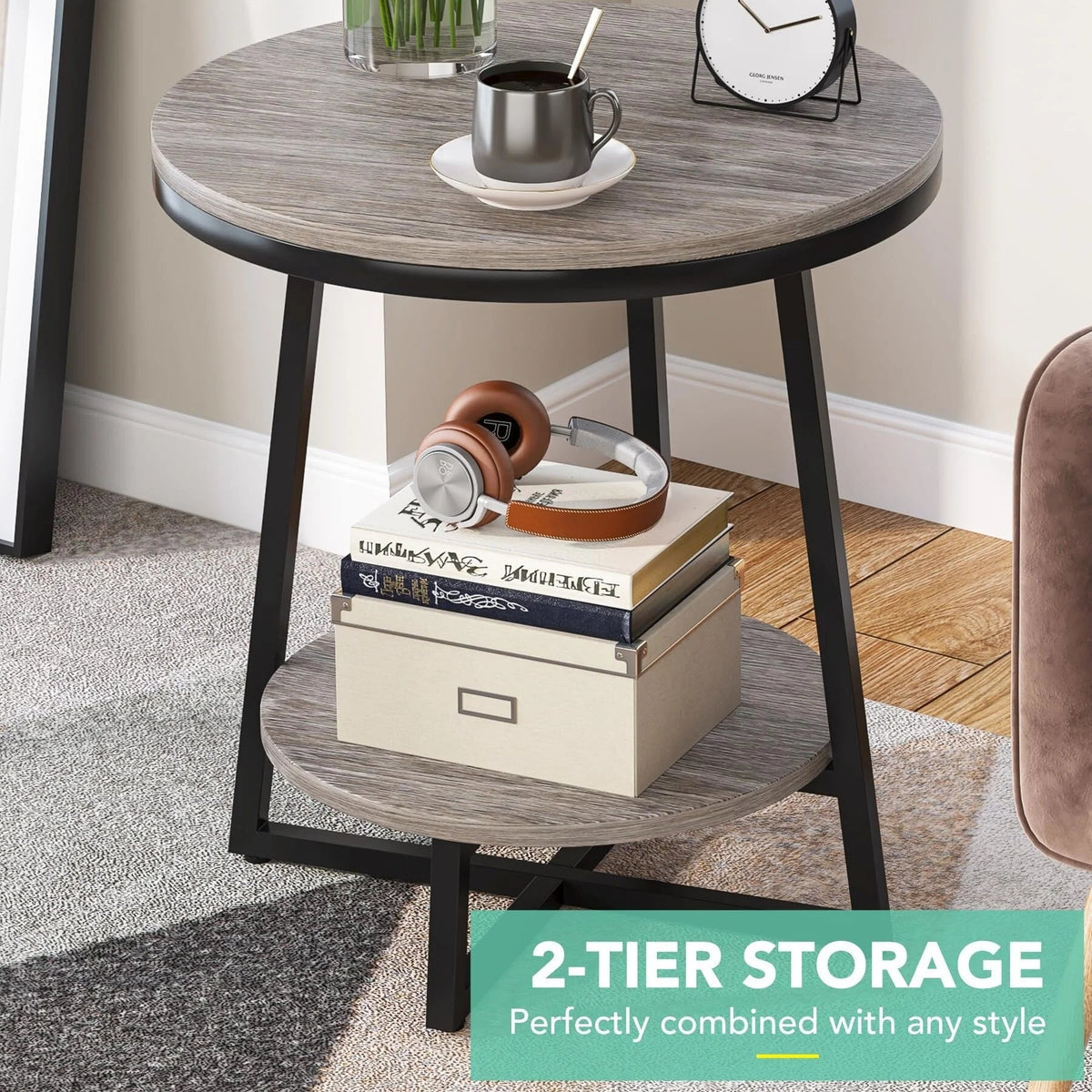 Industrial Round End Table With 2-Tier Storage