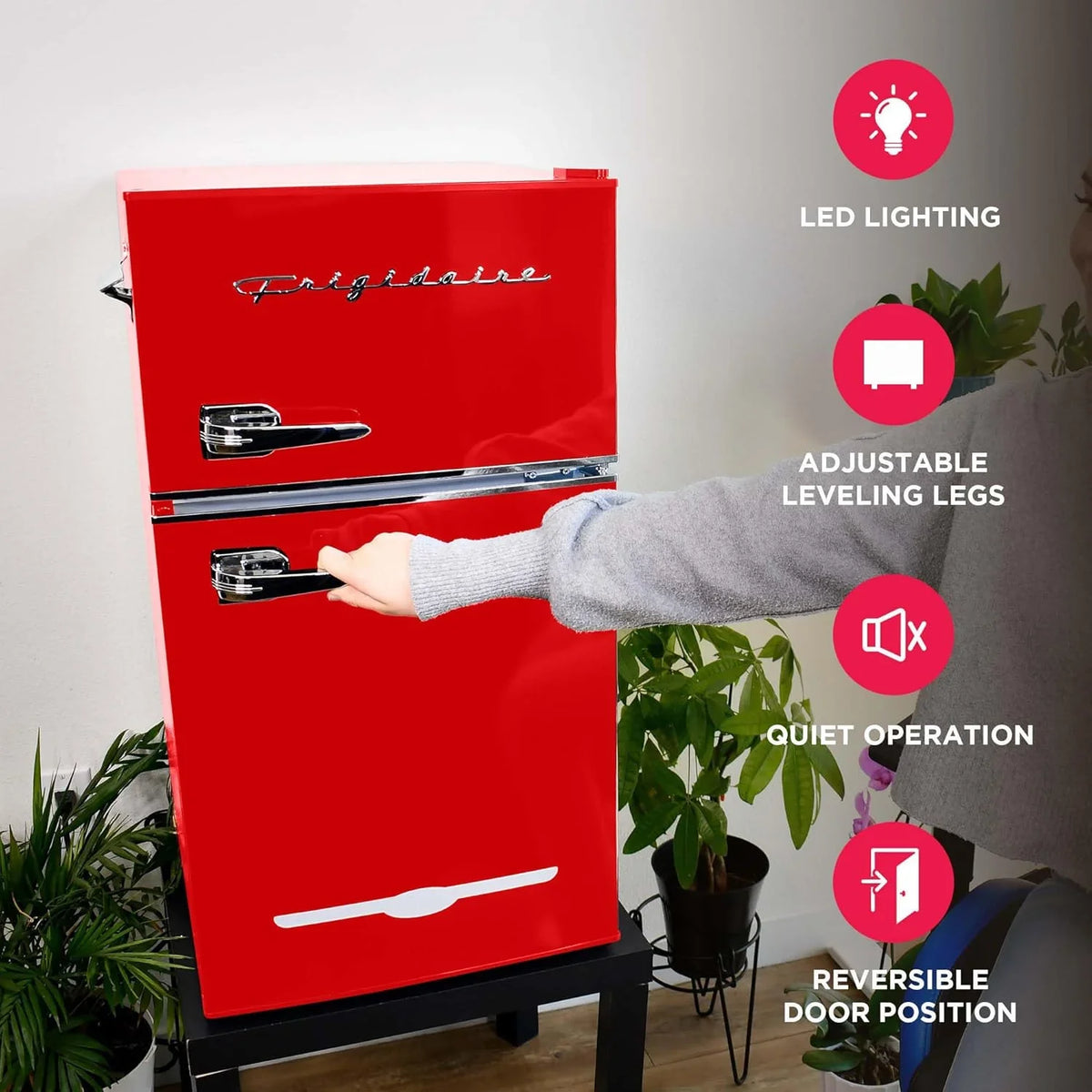 Frigidaire Retro 2 Door Mini Refrigerator With Freezer And Side Bottle Opener, 3.1 Cu Ft, 19in D x 20.5in W x 33.5in H