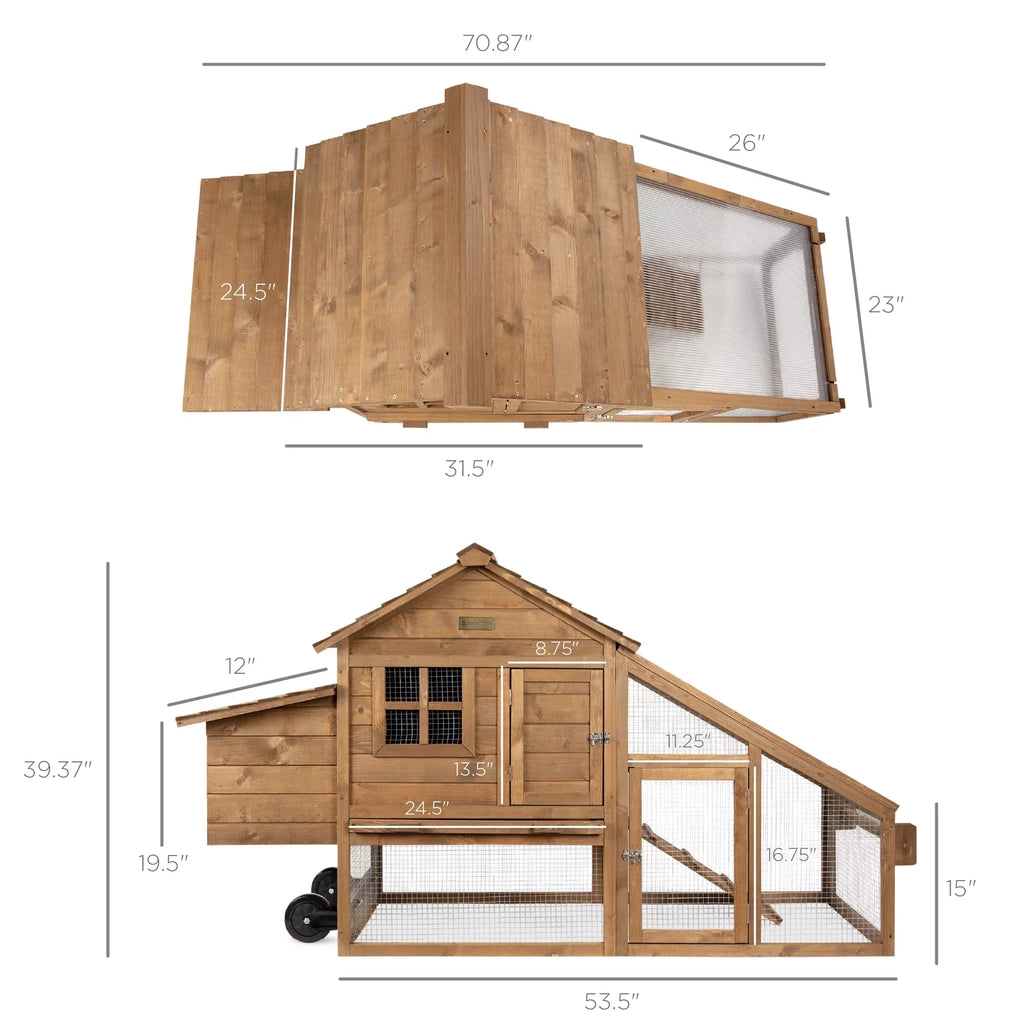 Best Choice Products Mobile Fir Wood Chicken Coop Tractor, 70in, Wheels, 2 Doors, Nest Box, Removable Tray