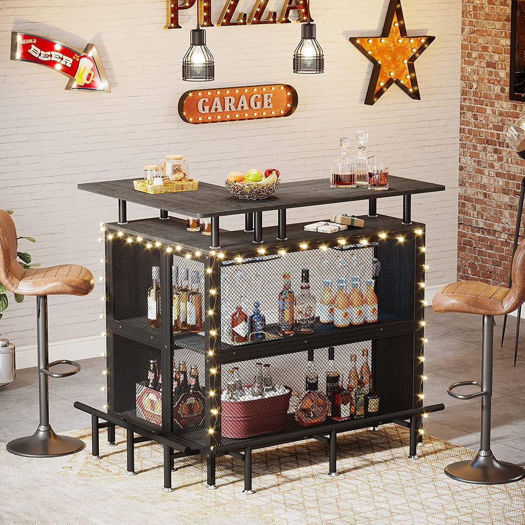 FJU L-Shaped Home Bar Unit With Stemware Racks, 2-Tier Shelves And Footrest - Gray