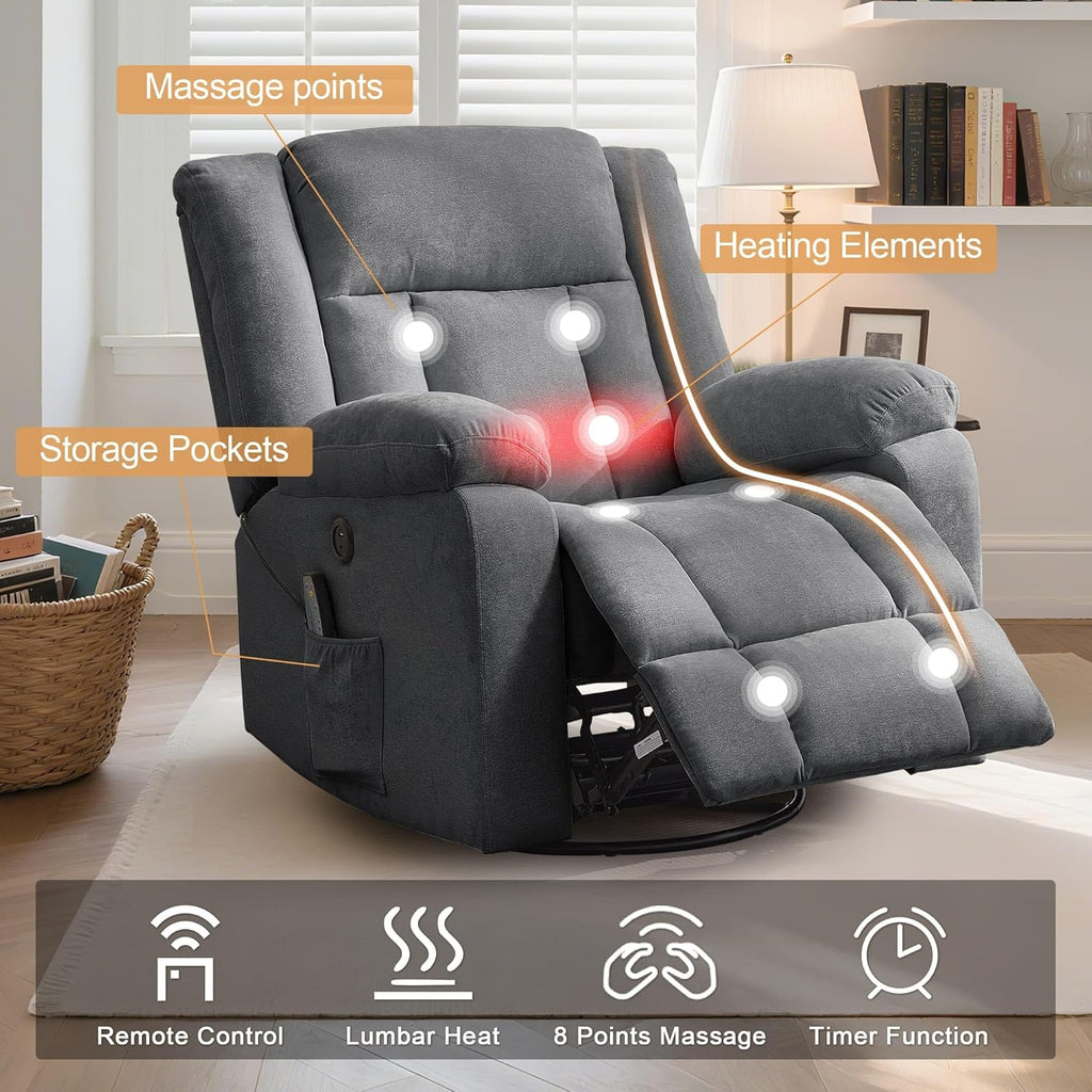 Korser Swivel Rocker Recliner Chair With Massage, Heating, USB Charging And Storage