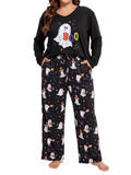 Homlouue Halloween Womens Plus Size Pajama Sets 2-Piece, Cute Ghost Print V-Neck Loungewear with Pockets, Soft Sleepwear for Holiday
