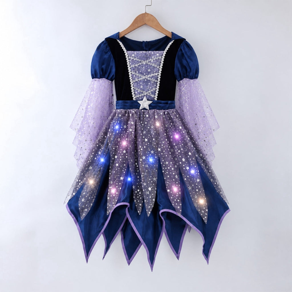 MEZZALL Child Outfit Sets Girls Witch 4 Light Up Star Witch Dress With Hat Wand Kids Halloween Party Outfit For Party Clothes Sets