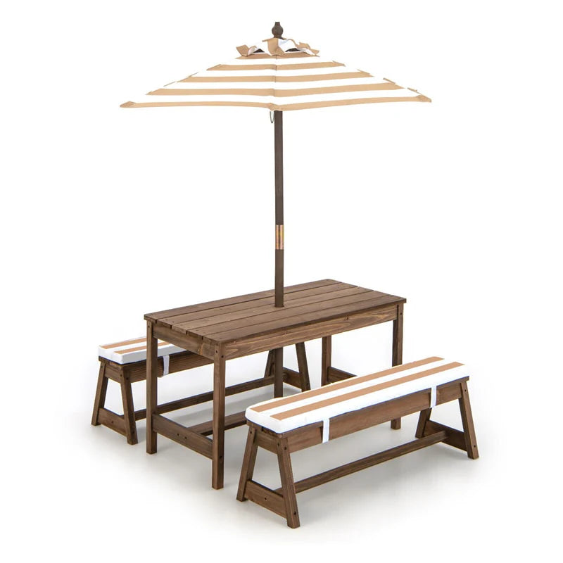 Wooden Kids Picnic Table Bench Set With Cushions And Height-Adjustable Umbrella - 35 in