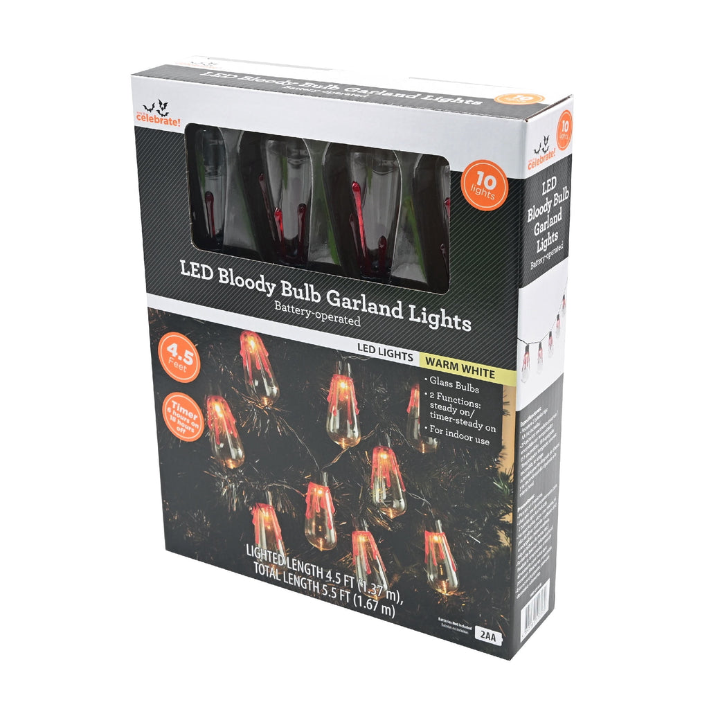 Indoor Battery-Operated LED Bloody Bulb Garland Lights, Warm White, 4.5', Halloween by Way To Celebrate