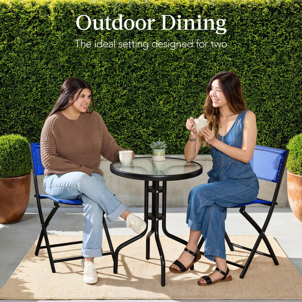 Best Choice Products 3-Piece Patio Bistro Dining Set With Glass Tabletop And Folding Chairs - Gray