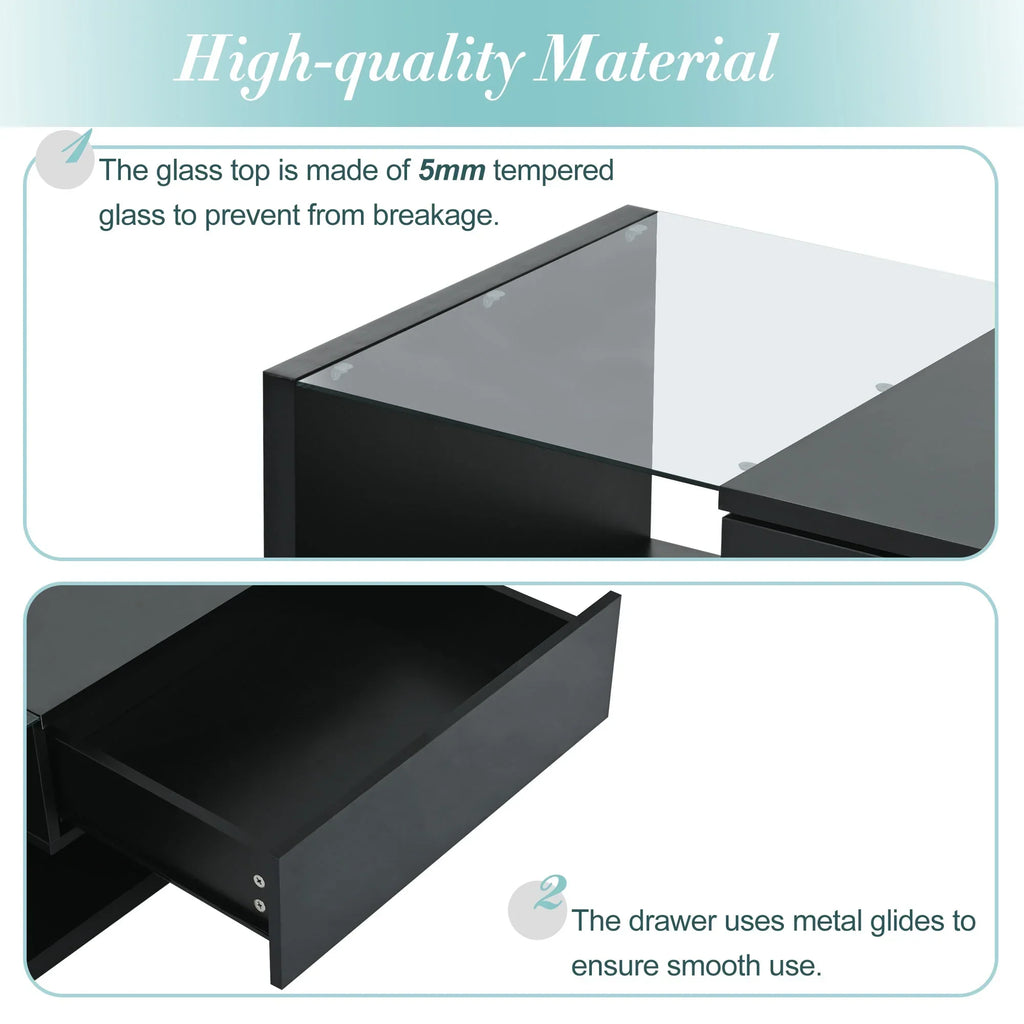 JQCX Modern Coffee Table With Tempered Glass, High-Gloss UV Surface And 2-Tier Storage