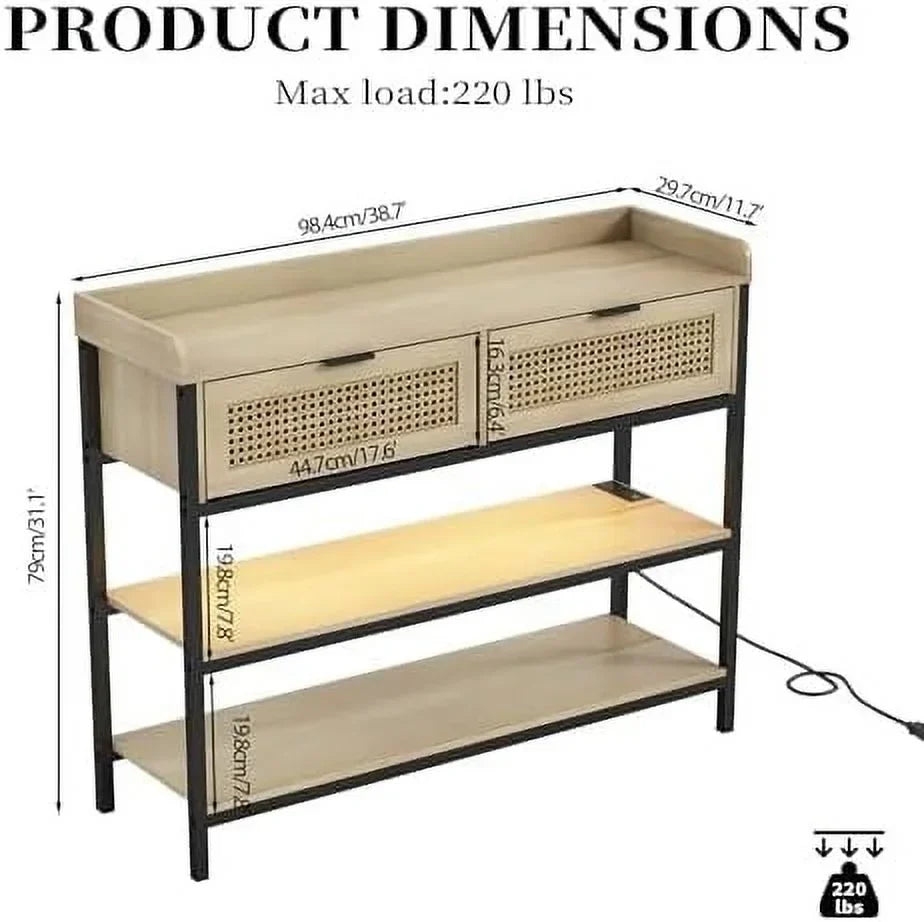 AYFDEGT Entryway Table With 2 Drawers, Outlets, USB Ports, Shelves & LED Lights - Black