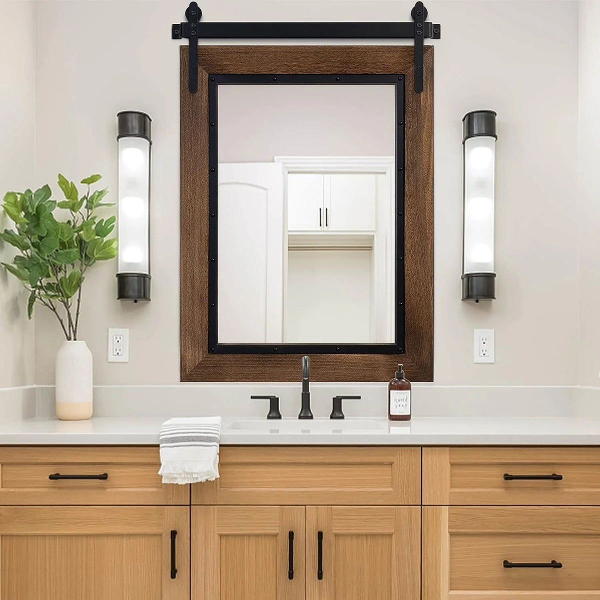 COSMOGO Farmhouse Barn Door Style Natural Wood Bathroom Vanity Wall Mirror 24 x 32 in