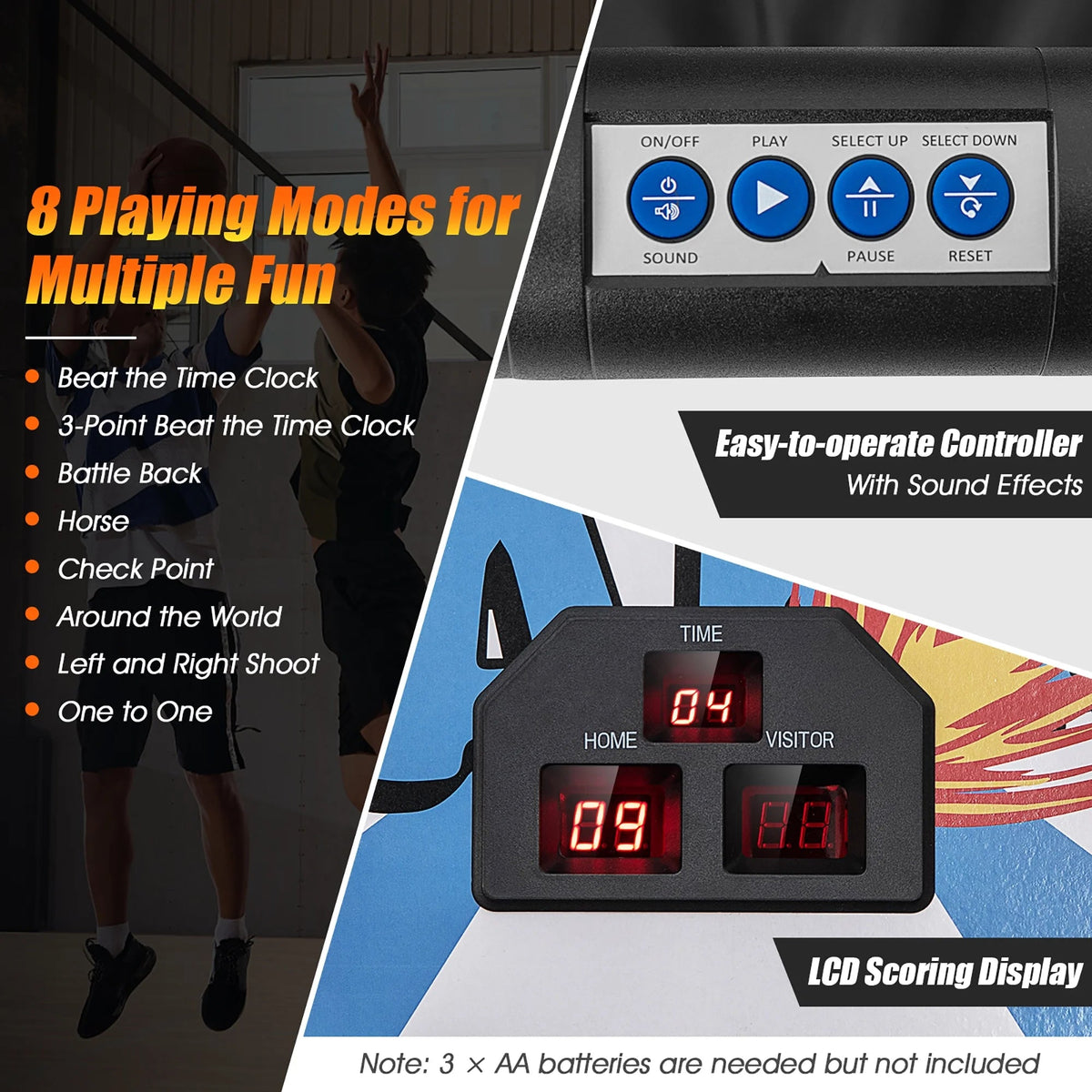 Costway Double Shot Electronic Basketball Arcade Game, 8 Game Modes, 4 Balls, Grey