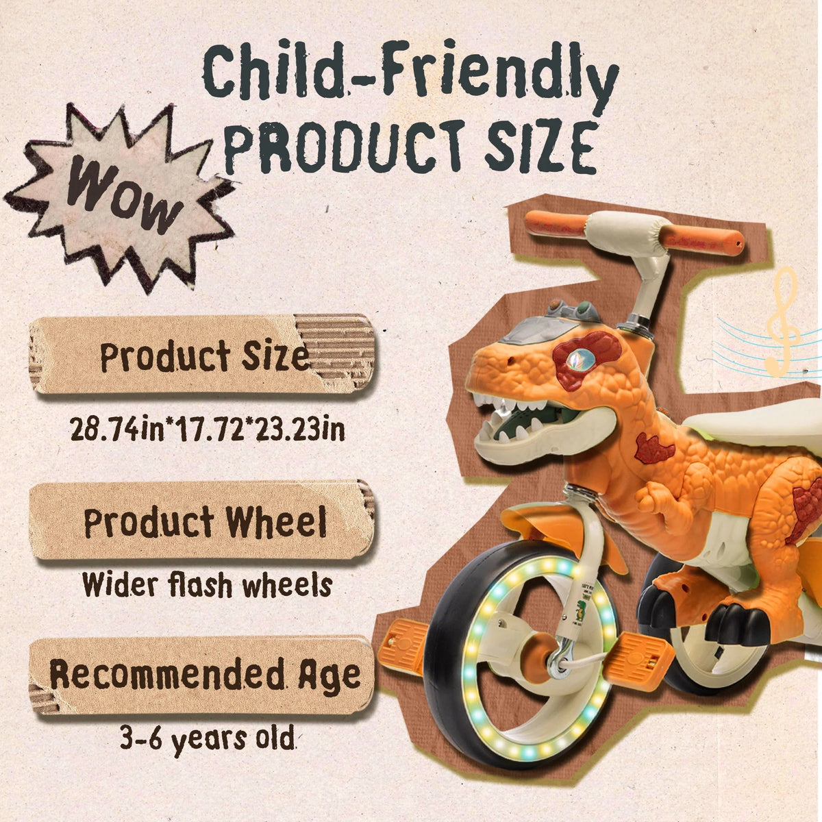 Xuanlur Kids' Dinosaur Tricycle With Flash Wheels, Music And LED Lights - Green