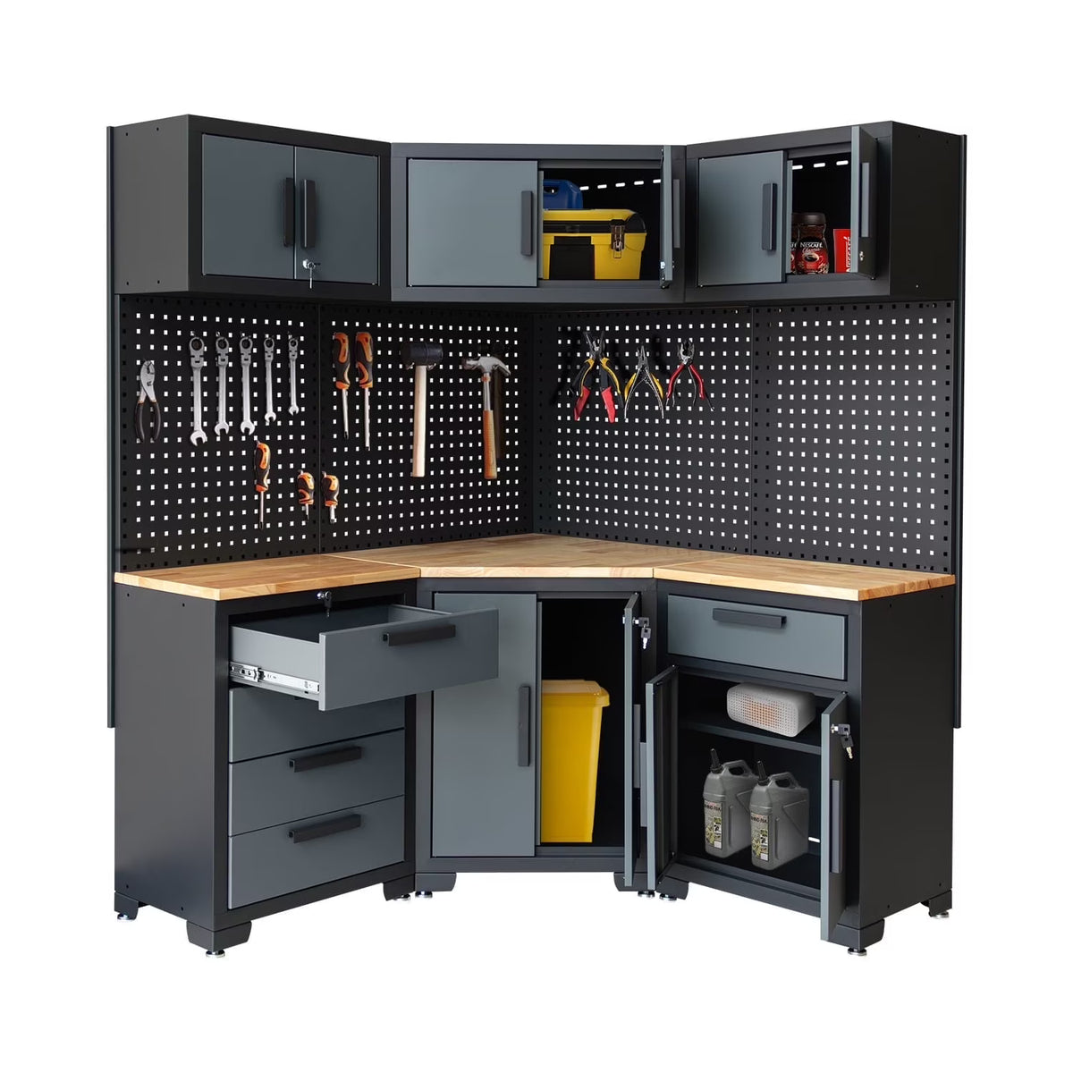 HPDMC 7-Piece Metal Garage Cabinet System With 4-Drawer Roller Cabinet, 47.2 in Workbench And Pegboards