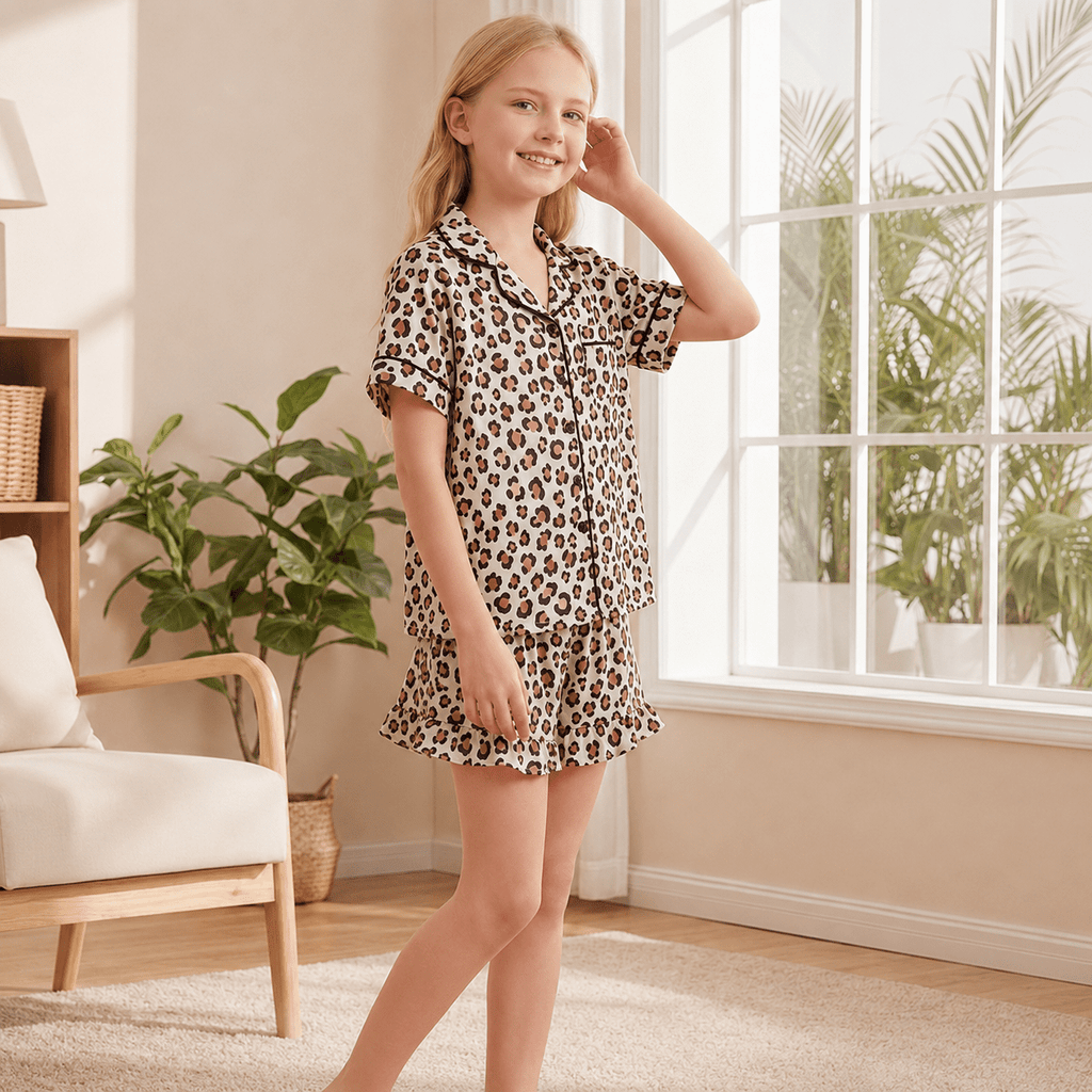 Aideaone Girls Satin Pajama Set Short Sleeve Button Down Silk Sleepwear 2 Piece Summer Loungewear for Child Girl 6-14Y